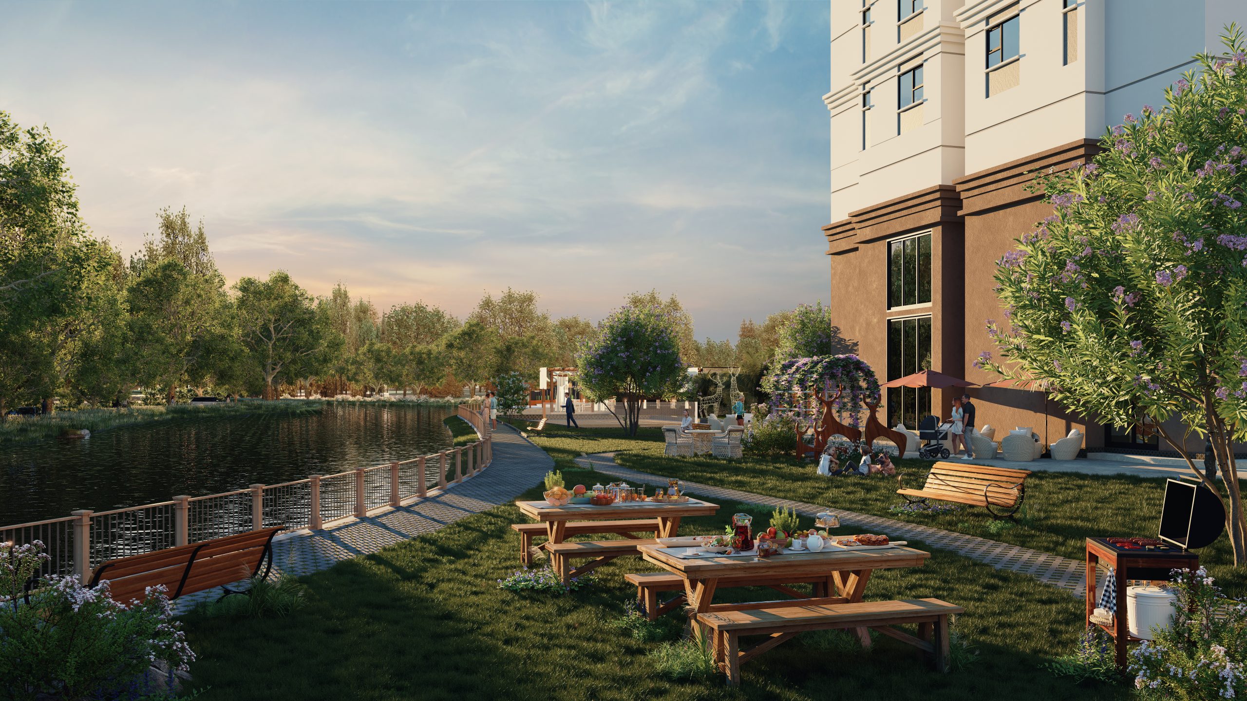 Hồ bơi resort Khải Hoàn Prime hướng sông, thiết kế hiện đại.