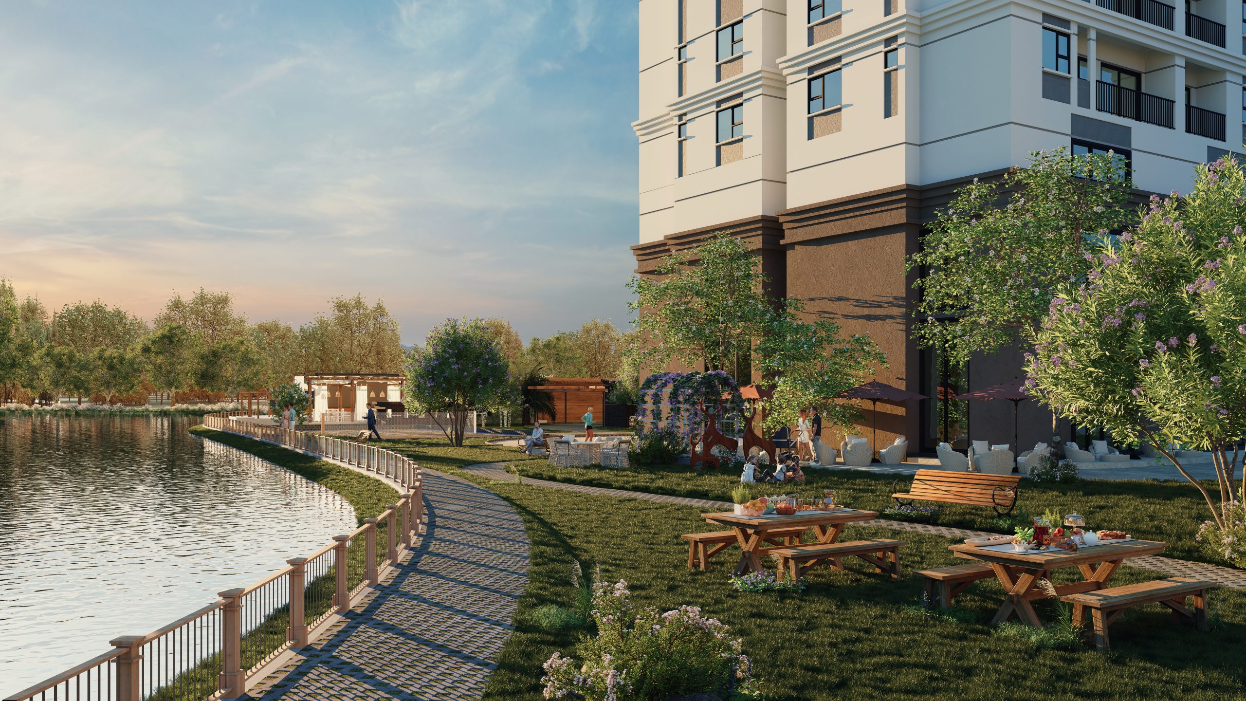 Hồ bơi resort Khải Hoàn Prime hướng sông, thiết kế hiện đại.