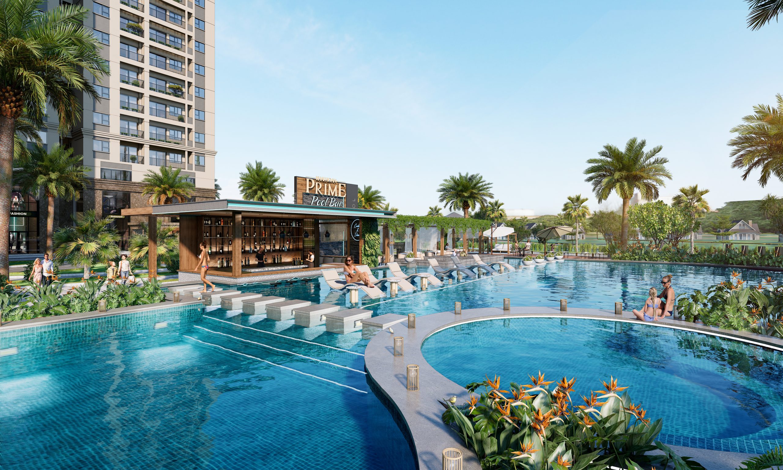 Hồ bơi resort Khải Hoàn Prime hướng sông, thiết kế hiện đại.