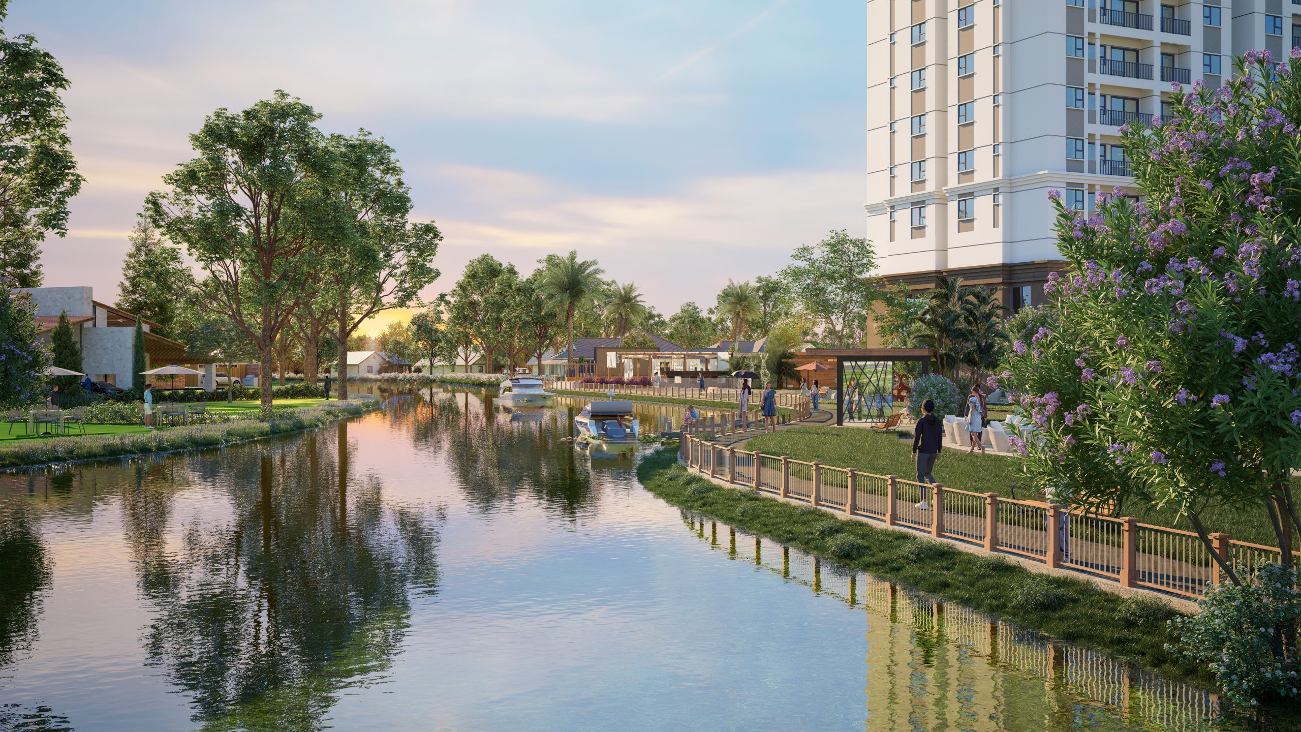 Hồ bơi resort Khải Hoàn Prime hướng sông, thiết kế hiện đại.