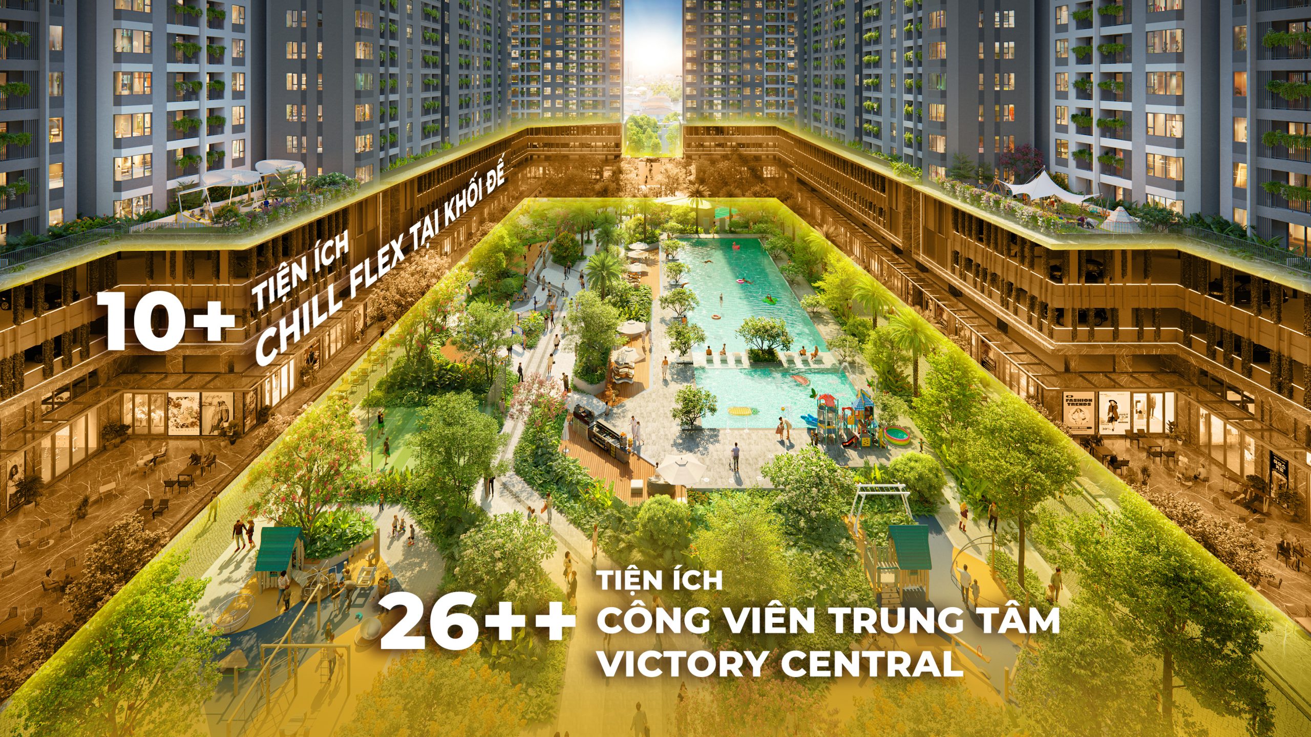 Mặt bằng tiện ích Victory Central với hồ bơi, sân thể thao, vườn dưỡng sinh, khu vui chơi trẻ em và hệ thống cảnh quan