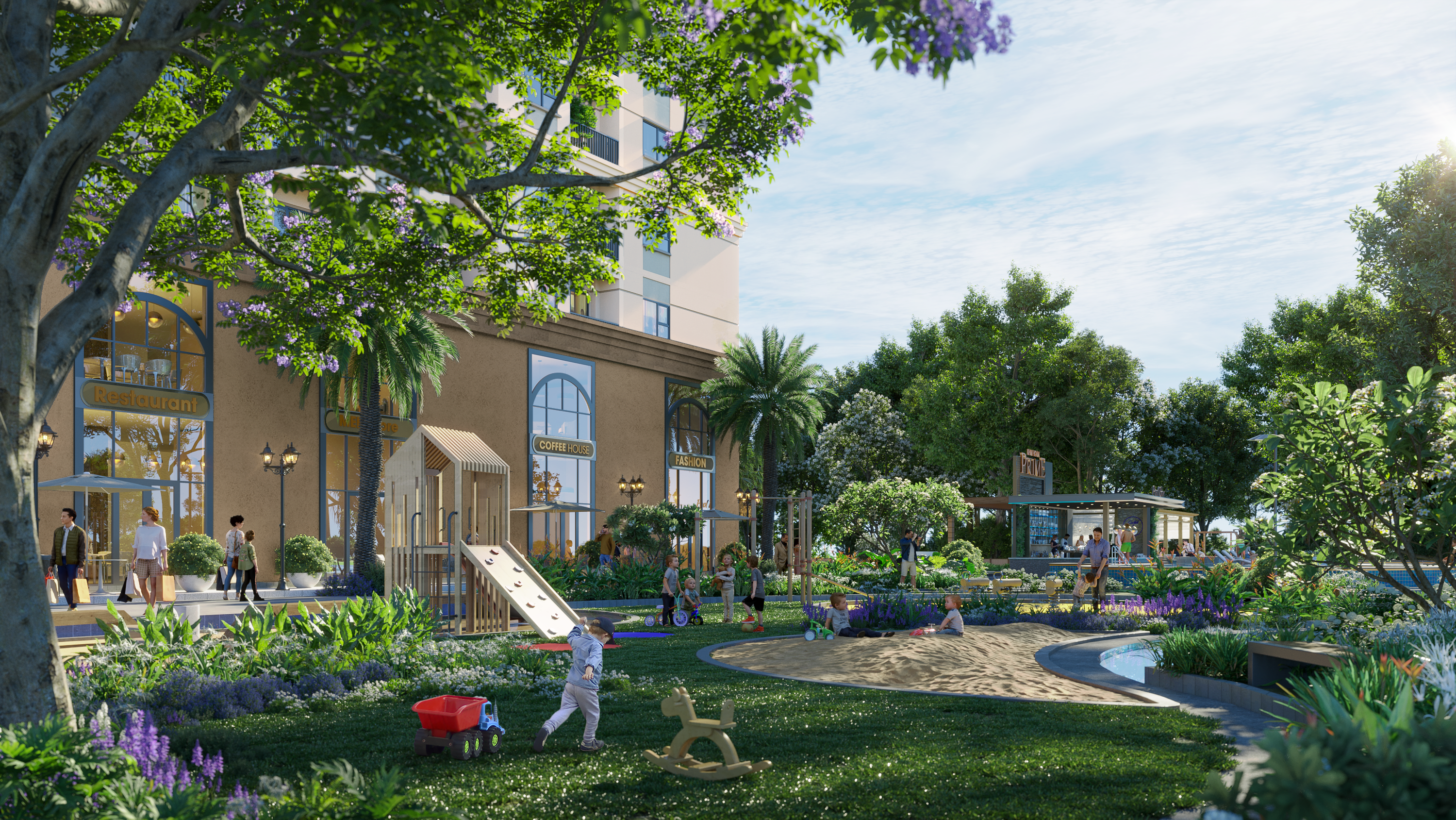 Hồ bơi resort Khải Hoàn Prime hướng sông, thiết kế hiện đại.