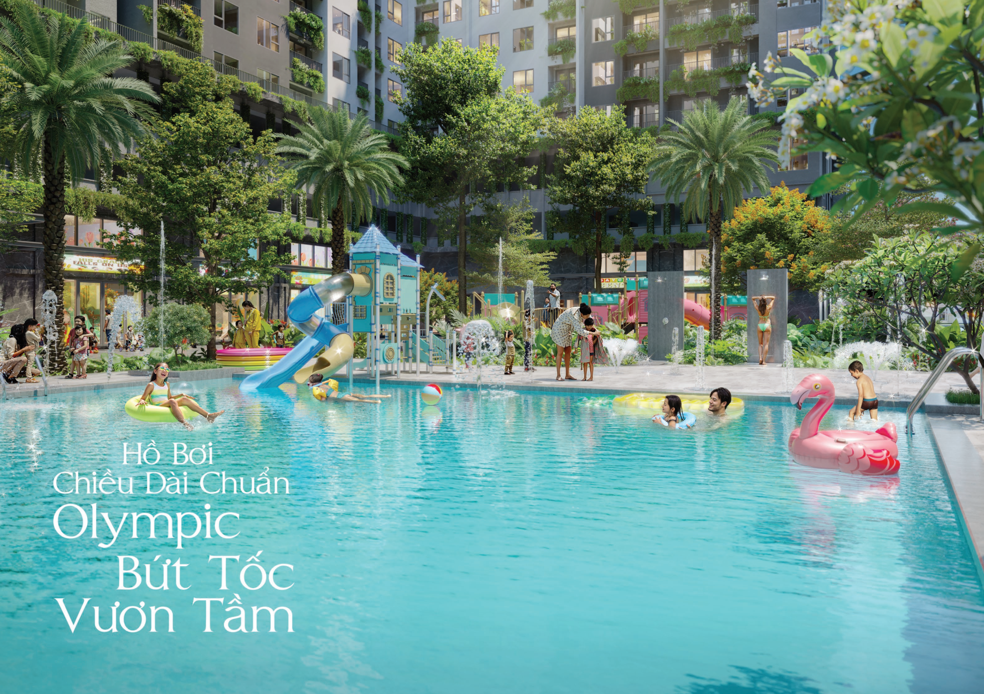 Khu công viên cây xanh và hồ bơi nội khu dự án The Win City Long An
