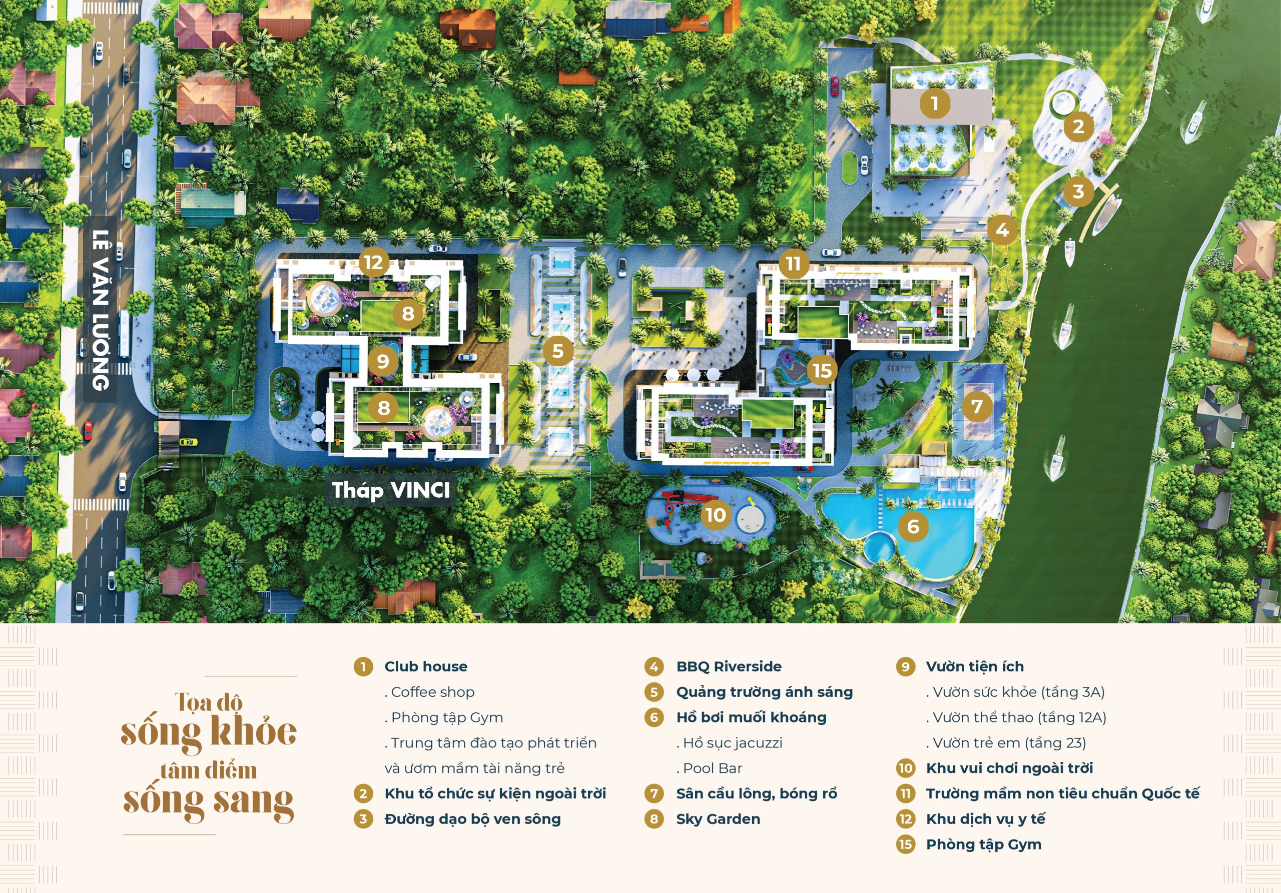 Mặt bằng tiện ích Khải Hoàn Prime hướng sông, thiết kế hiện đại.