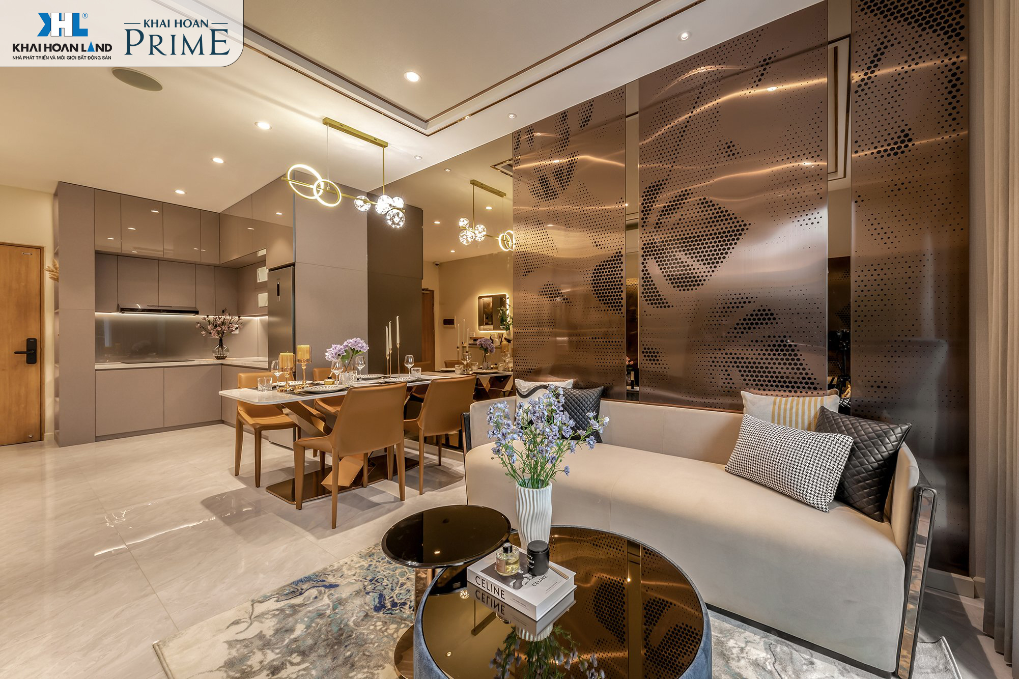 Phòng khách căn hộ mẫu Khải Hoàn Prime nội thất cao cấp, view sông.