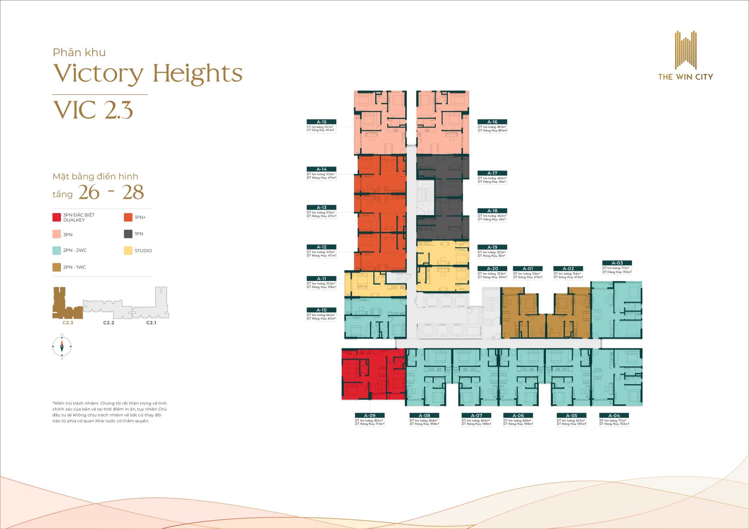 Sơ đồ mặt bằng tầng 23–25 VIC 2.2 Victory Heights The Win City, thiết kế căn hộ hiện đại với các loại diện tích phù hợp nhiều nhu cầu sử dụng