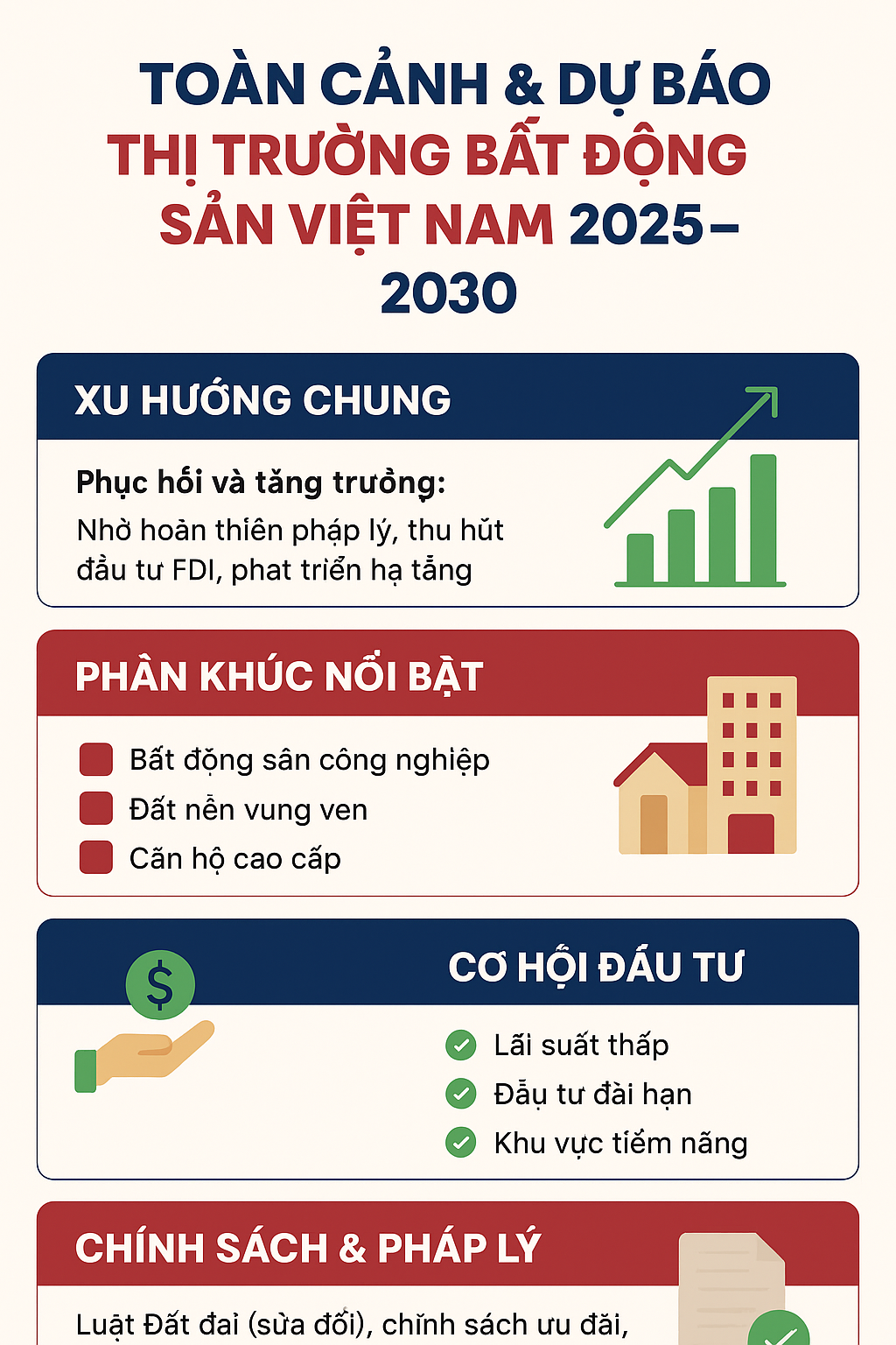 Infographic toàn cảnh và dự báo thị trường bất động sản Việt Nam 2025–2030, xu hướng tăng trưởng, phân khúc nổi bật, cơ hội đầu tư, chính sách và pháp lý.