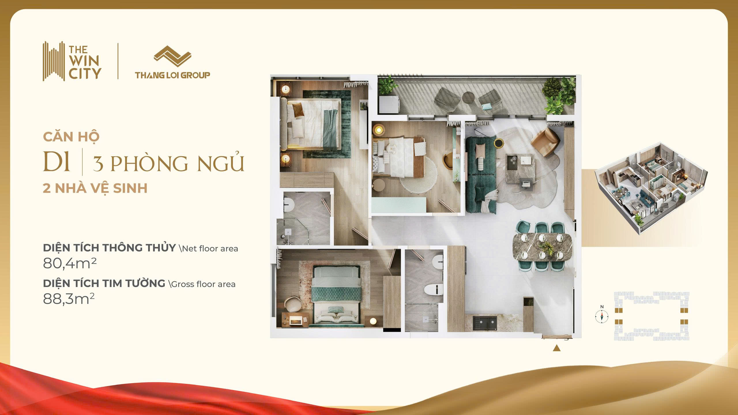 Mặt bằng căn hộ D1 The Win City 3 phòng ngủ 2 nhà vệ sinh diện tích 80.4m2