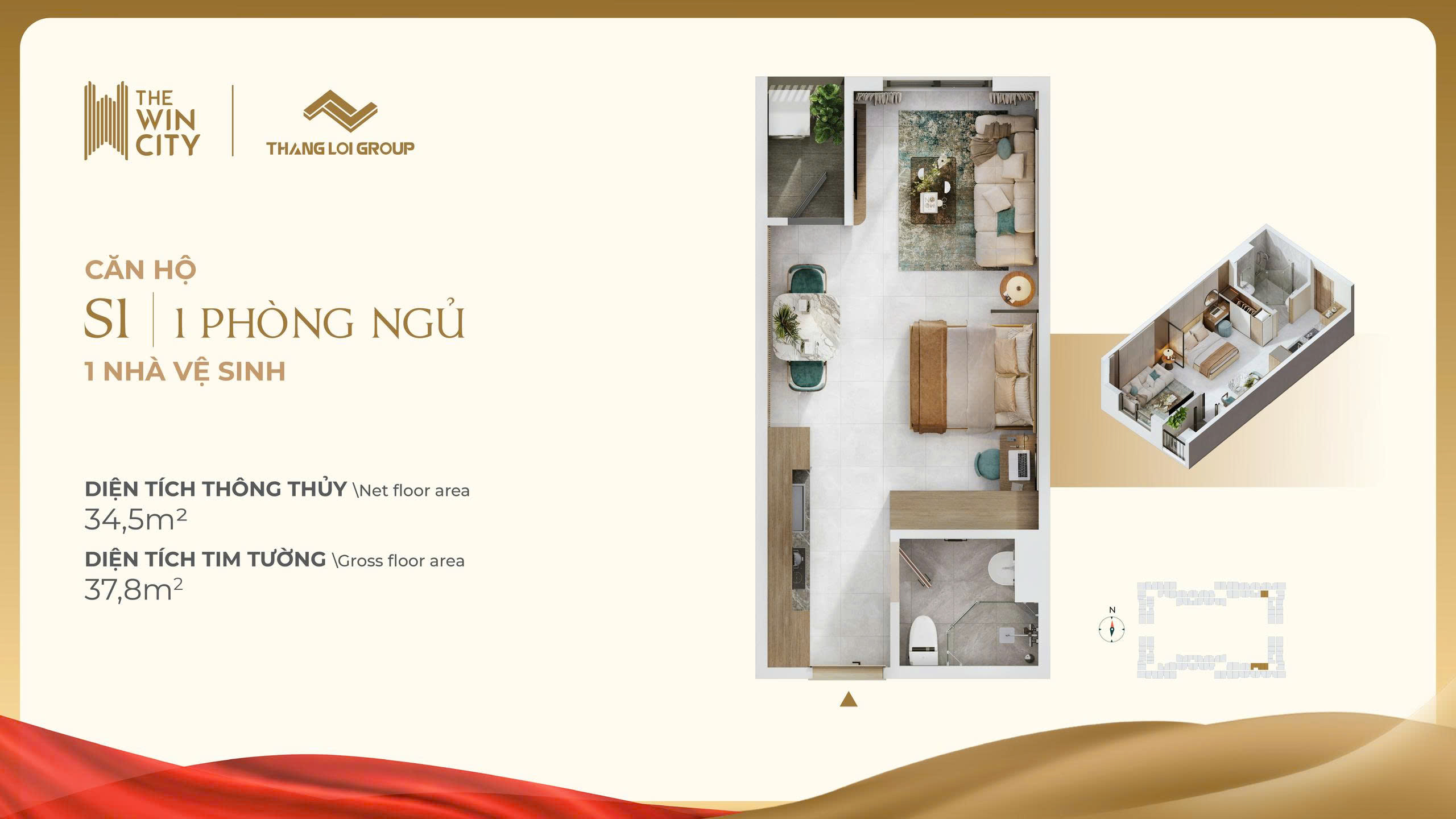 Mặt bằng căn hộ S1 The Win City 1 phòng ngủ 1 nhà vệ sinh diện tích 34.5m2