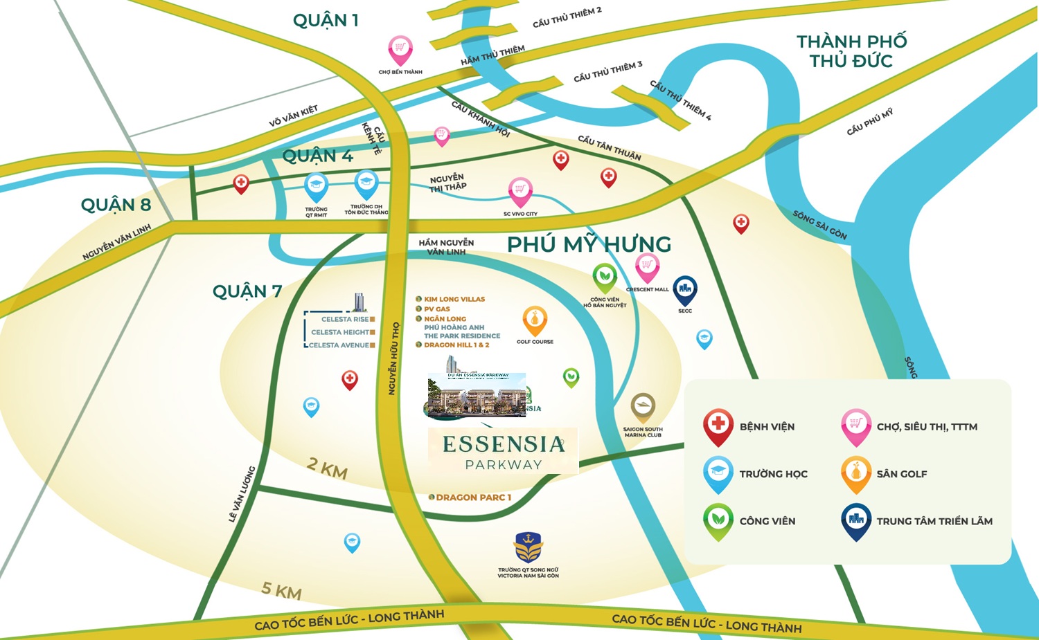 Vị trí Essensia Parkway trên trục Nguyễn Hữu Thọ – Nam Sài Gòn